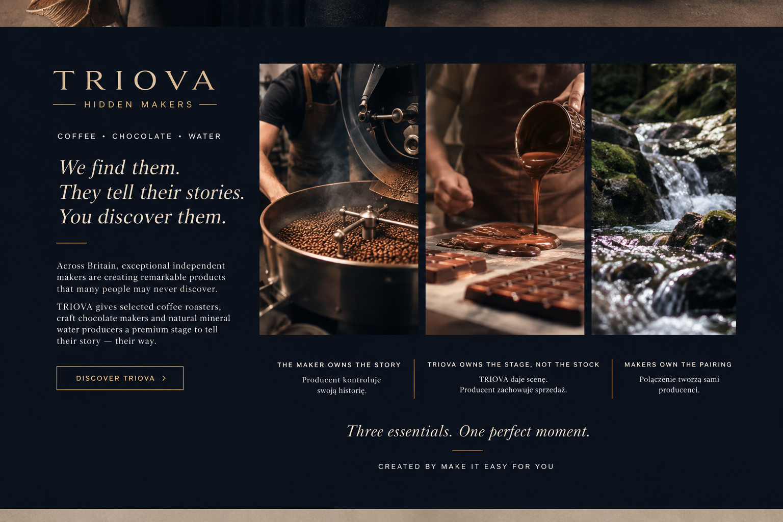 TRIOVA presentation featuring coffee, artisan chocolate and mineral water